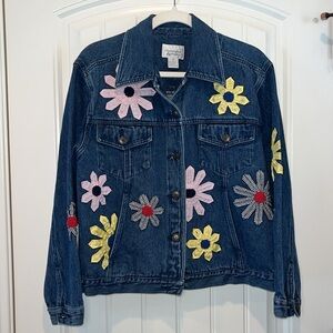 Christopher & Banks Blue Jean Jacket with Floral Embroidery